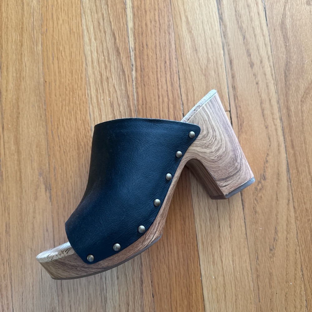 Kork-Ease Black Leather Wooden Platform Clogs / Mules (Stud Detail)